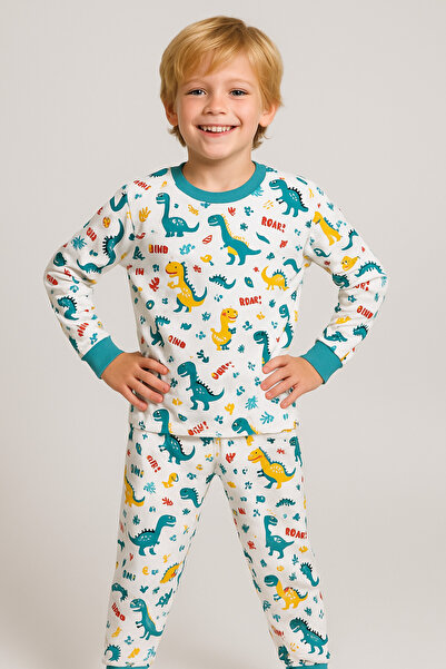minibambi Erkek Çocuk Pamuklu Dinazor Desenli Pijama Takımı Mavi