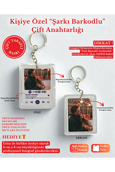SERYAS DESIGN Barkodlu Kişiye Özel Resimli Anahtarlık Çift Taraflı Sevgiliye Hediye Fotoğraflı