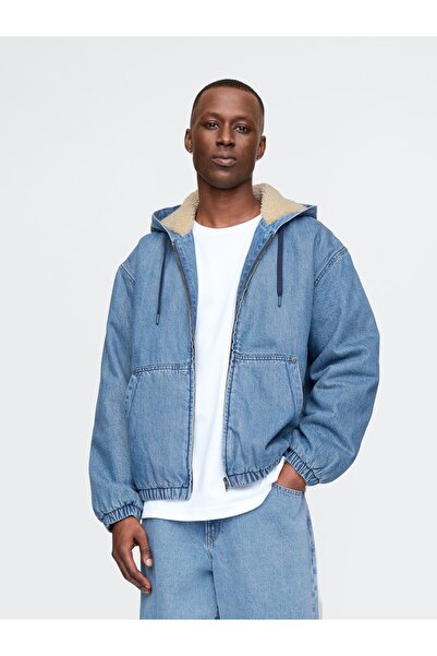 GAP Erkek Mavi Oversize Sherpa Fermuarlı Denim Ceket