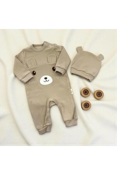 ALTINTAŞ BABY Baby Boy Ribbed Romper with Eared Teddy Bear Embroidered Beret
