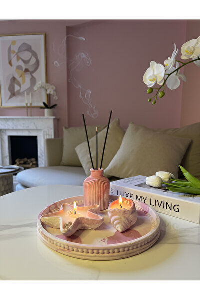 OEM Mermer pempe Ev Dekorasyon Seti (Tepsi + Yıldız Mum + Deniz Kabuğu Mum + ...