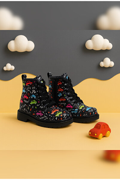 Zilvana Unisex Desenli Kışlık Çocuk Bot Fermuarlı Bağcıklı Rahat ve Esnek Tabanlı Günlük Siyah Bot