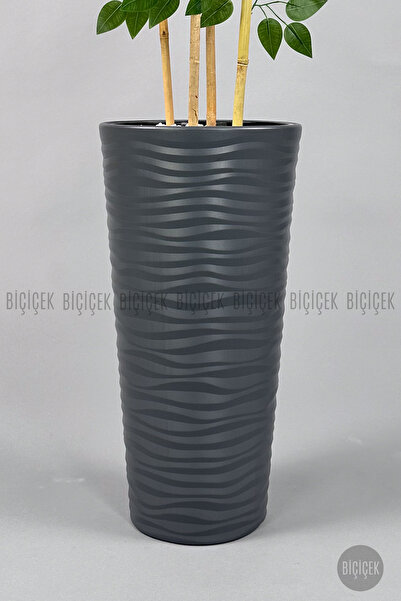 BİÇİÇEK Yapay Benjamin Ağacı 180cm Yoğun Yapraklı Bambu Gövdeli Antrasit Renk Kumsal Saksıda