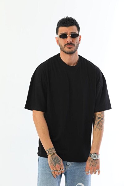 İLKCET MODA Unisex Μαύρο μπλουζάκι από ύφασμα Oversize Fit Tok Basic