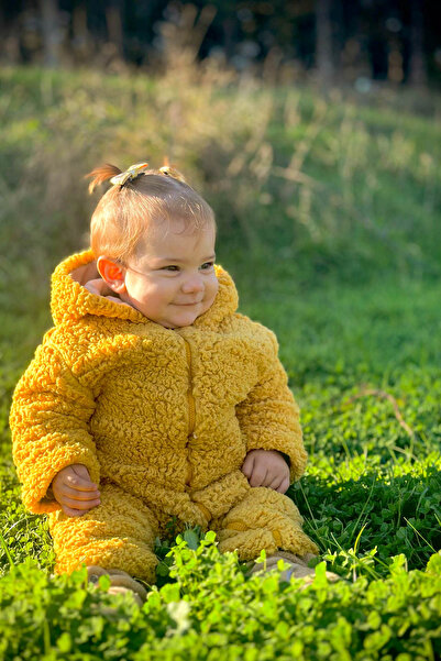 Totzee Safran Sarısı Kapüşonlu Unisex Bebek Peluş Tulum