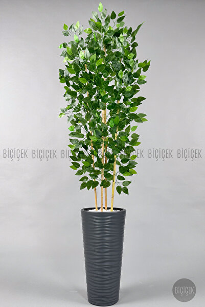 BİÇİÇEK Yapay Benjamin Ağacı 180cm Yoğun Yapraklı Bambu Gövdeli Antrasit Renk Kumsal Saksıda