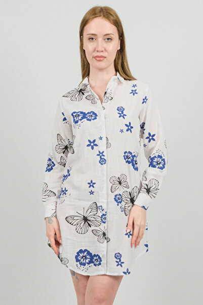 SİDE OTANTİK Butterfly Patterned Long Sleeve Linen White Shirt Tunic