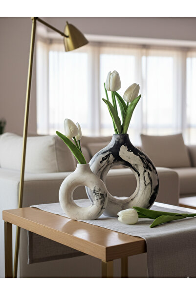 OEM sıyah beyaz Halka şeklinde mermer dekoratif vazo seti (2 adet)