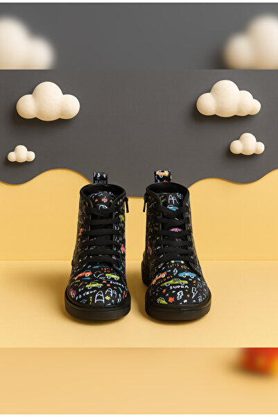 Zilvana Unisex Desenli Kışlık Çocuk Bot Fermuarlı Bağcıklı Rahat ve Esnek Tabanlı Günlük Siyah Bot