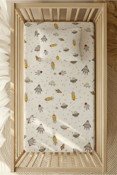 pistore طقم ملاءات سرير مطاطية من القطن بنسبة 100% - سرير بارك بنمط فضائي 70x120 35x45