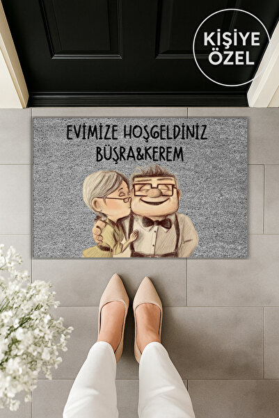 Dormot Modern Dijital Baskı Paspas - Popüler Gri Tatlı Çift İsimli Kişiye Özel Kapı önü Paspas 70x45cm