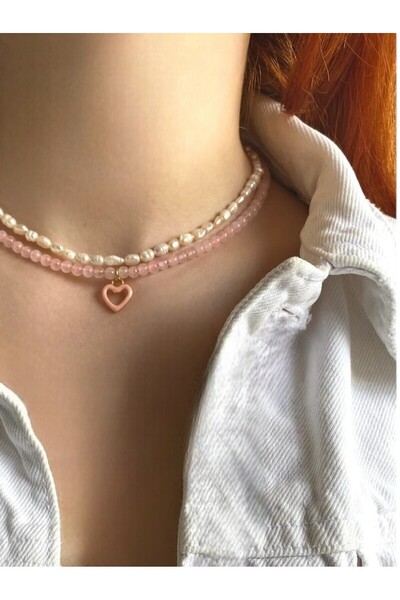 By Saadet Özkanlı Kadın Doğal Taş Kuvars Kolye, Kadın Kolye , Ince Kalp Choker, Tasarım Kolye, Pembe ,