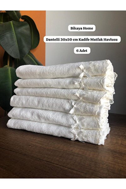 Bikaya Home Dantelli 30x50 cm 6 Adet Kadife Mutfak Havlusu | %100 Cotton | Çe...