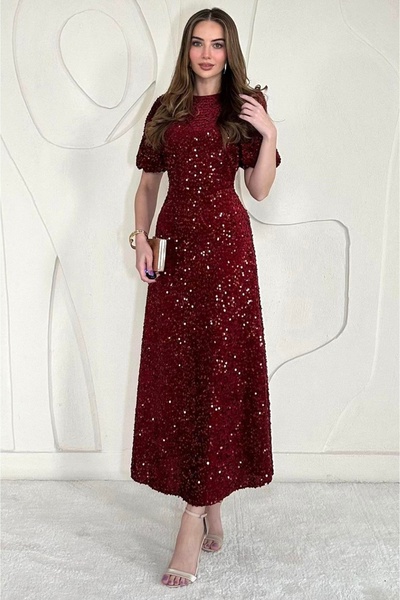 Afiş Butik Burgundy Sequined Balloon Sleeve Midi Dress