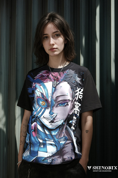 SHINOBIX تي شيرت مطبوع كبير الحجم من Demon Slayer Amime Akaza Memorial إنتاج خاص