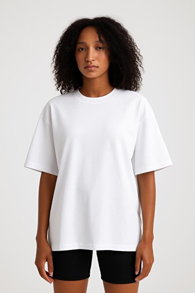 İLKCET MODA Унисекс бяла тениска с широка кройка от плътна материя