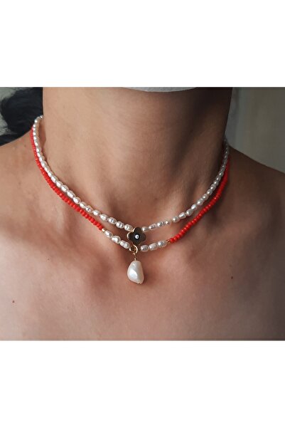By Saadet Özkanlı Incili Kristal Kolyesi Arpa Kum Inci Kolye Kırmızı Kristalli ( Gerçek Inci Tatlısu Incisi ) Choker