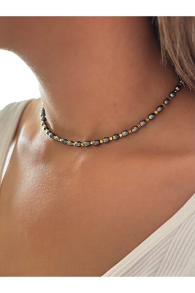 By Saadet Özkanlı Kadın Gerçek 3 Mm Siyah Arpa Küçük Pirinç Inci Kolye - Zarif Ve Şık Tasarım Gerçek Inci