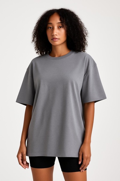 İLKCET MODA Unisex Açık Gri Oversize Kalıp Tok Kumaş Basic T-shirt