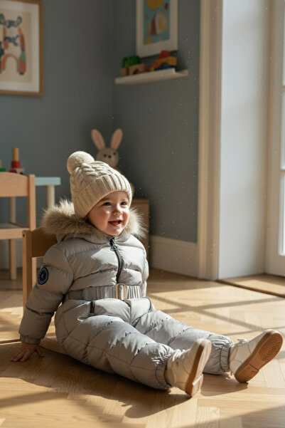 HÇ Hülya Çelik KİDSWEAR 2018 Bebek Astronot Tulum Kürk Kapüşonlu Gri Tulum