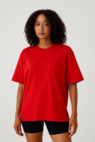 İLKCET MODA Unisex Red Oversize Kalıp Tok Fabric Basic T-Shirt