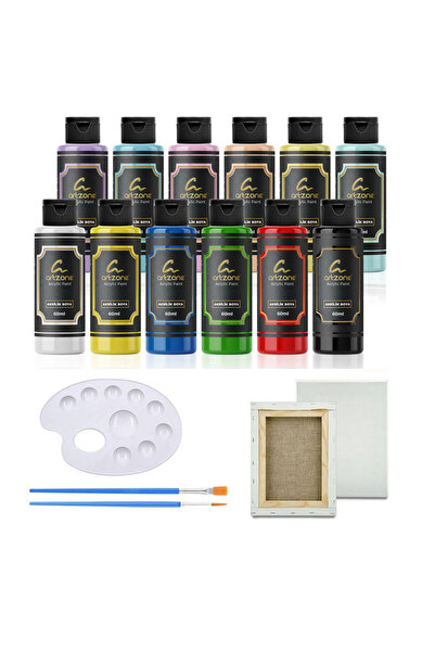 Artzone Akrilik Boya Seti 12 Renk x 60ml. + Tuval ve Fırça
