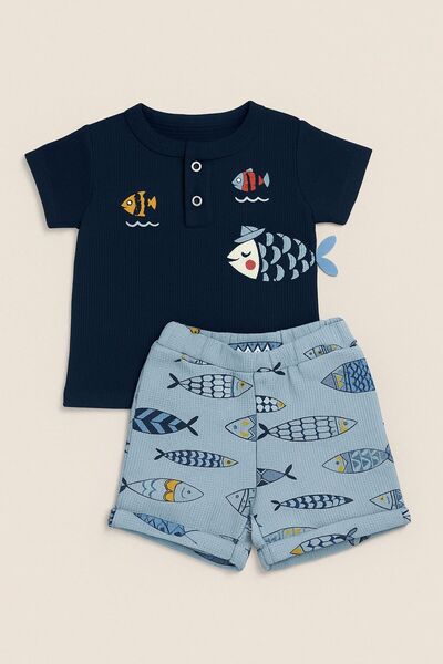 Necix's Balık Desenli Waffle Kumaş Şortlu Takım