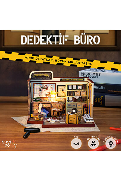 NoviHobby Dedektif Büro 3D Puzzle Ahşap Minyatür Maket Kiti DIY Kendin Yap