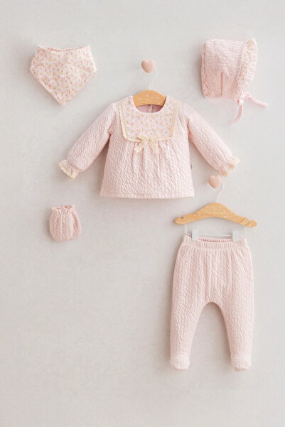 Tongs Baby Baby Girl Seersucker Ruffle Collar Hospital Release - 5-Piece Pink Bodysuit Set Newborn (0-3 Months)