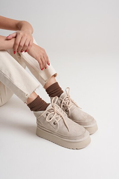 Esilapark heribo крем екрю бежевий замшевий жіночий з вовняною підкладкою, на товстій підошві, на шнурівці, з хутром, замшеві чоботи