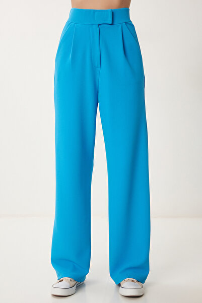 Lovelyİstanbul Pantaloni Palazzo confortabili cu talie Velcro BLUE LRV0003