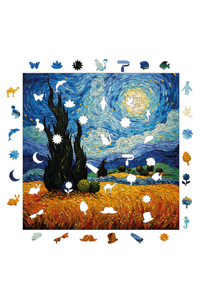 WePuzzleUp Ahşap Puzzle - Van Gogh Yıldızlı Gece Reprodüksiyonu - 353 Parça, 29x29 cm