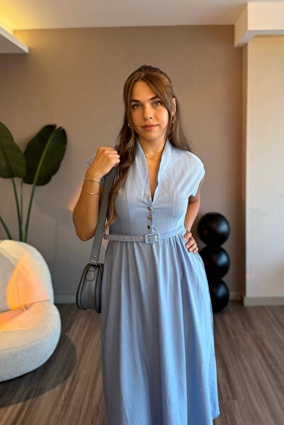 Aventien Rochie midi albastră cu centură cu guler judecător