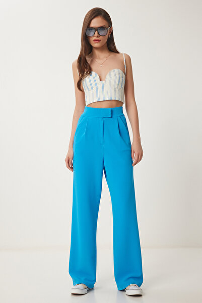 Lovelyİstanbul Pantaloni Palazzo confortabili cu talie Velcro BLUE LRV0003