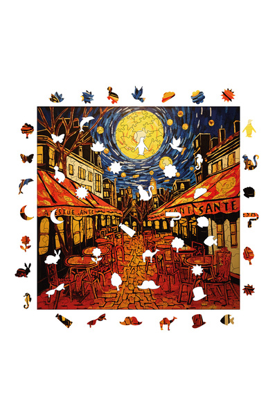 WePuzzleUp Ahşap Puzzle - Van Gogh Kafe Terasta Yıldızlı Gece Reprodüksiyonu - 353 Parça, 29x29 cm