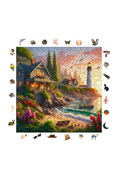 WePuzzleUp Ahşap Puzzle - Deniz Feneri Ve Taş Ev - 353 Parça, 29x29 cm