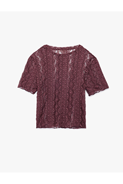 Koton Ημιδιαφανές μπλουζάκι με κοντό μανίκι με λαιμόκοψη με δαντέλα