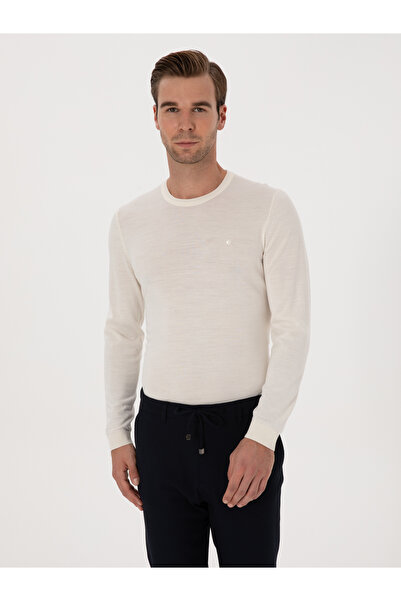 Cacharel Beyaz Slim Fit Yün Karışımlı Bisiklet Yaka Basic Triko Kazak 50315266-VR013