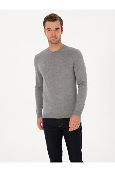 Cacharel Gri Slim Fit Kaşmir İpek Karışımlı Bisiklet Yaka Triko Kazak 50316307-VR024