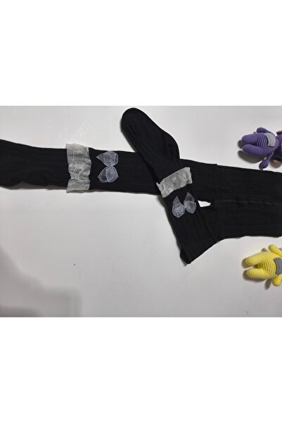 Ekinoks Baby Girl Children's Pantyhose Cotton Bow Tulle Ribbed Scented Black