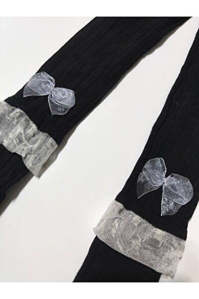 Ekinoks Baby Girl Children's Pantyhose Cotton Bow Tulle Ribbed Scented Black