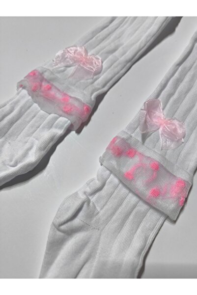 Ekinoks Baby Girl Children's Pantyhose Cotton Bow Tulle Ribbed Scented White