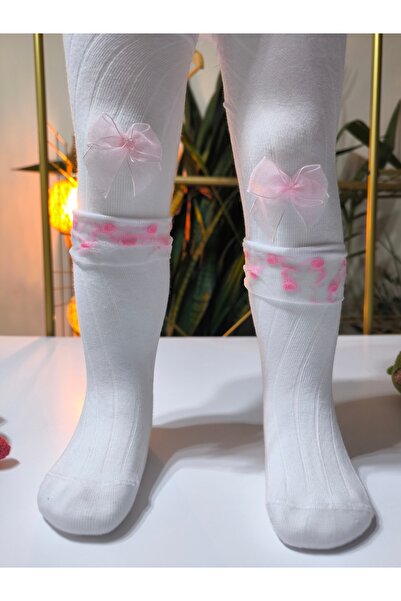 Ekinoks Baby Girl Children's Pantyhose Cotton Bow Tulle Ribbed Scented White