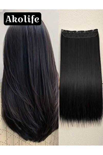 AKOLİFE Siyah Düz Yarımay +2 Yan Çıt Çıt Postiş Takma Saç - 60cm - Isıya Daya...