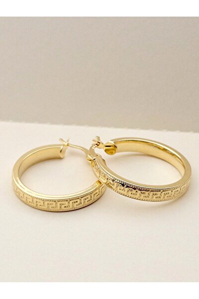 Siya Silver 925 Ayar Altın Kaplama Desenli Kalın Gümüş Halka Küpe - 2,4 Cm