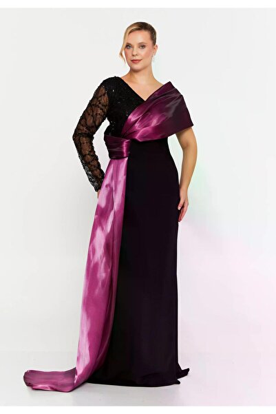 MAXXE 6105CPY TEK KOLU UZUN PAYETLİ KREP ELBİSE