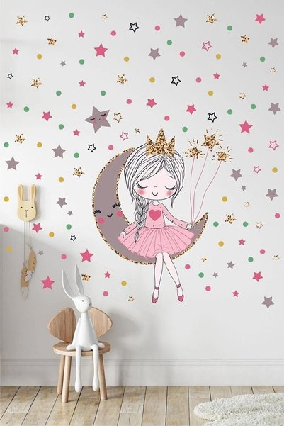 Kt Grup Ayda Oturan Sevimli Kız Ve 140 Adet Yıldız Ve Puantiyeler Kız Çocuk Odası Duvar Sticker Seti