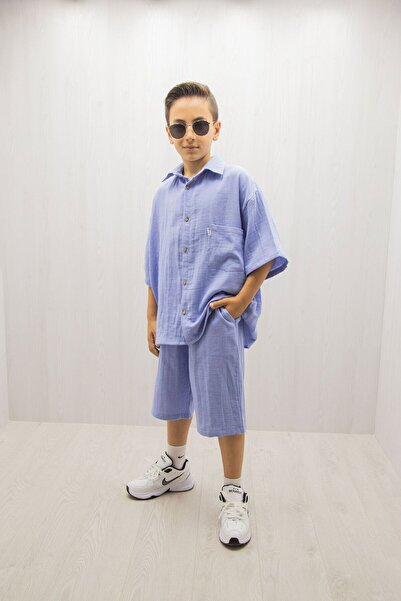 HN HNT TEKSTİL Erkek Çocuk Gömlek-şort Ikili Müslin Yazlık Takım %100 Pamuk.