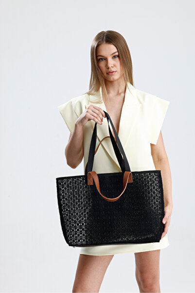 HEYBE'S Women's Black Lace Patterned Large Size Beach and Shopping Shopper Tote Shoulder Bag