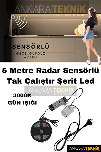 ankarateknik Mutfak Dolabı Radar Gizli Sensörlü Şerit Led Set / Gece-gündüz Ayarlı / Tak Çalıştır / Renk Günışığı